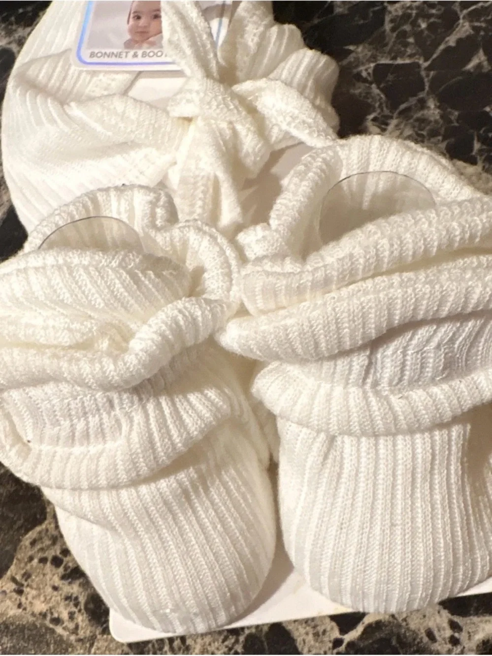 Ivory Knit Baby Bonnet and Booties Set